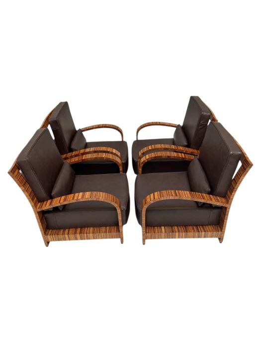 Four Art Deco Lounge Chairs with Leather Cushions France, 1930s